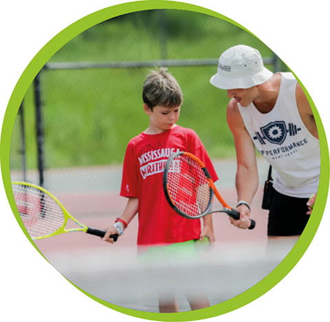 an instructor showing a boy how to play tennis