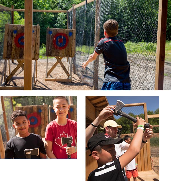 a collage of people axe throwing